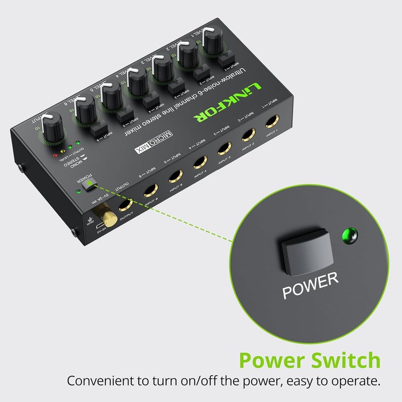 LiNKFOR 6 Channel Audio Mixer, Ultra-compact 6 Channel Bass Noise Line Stereo Audio Mixer for Small Clubs or Bars Microphones, Guitars, Bass, Keyboards and Stage Mixer - Image 5